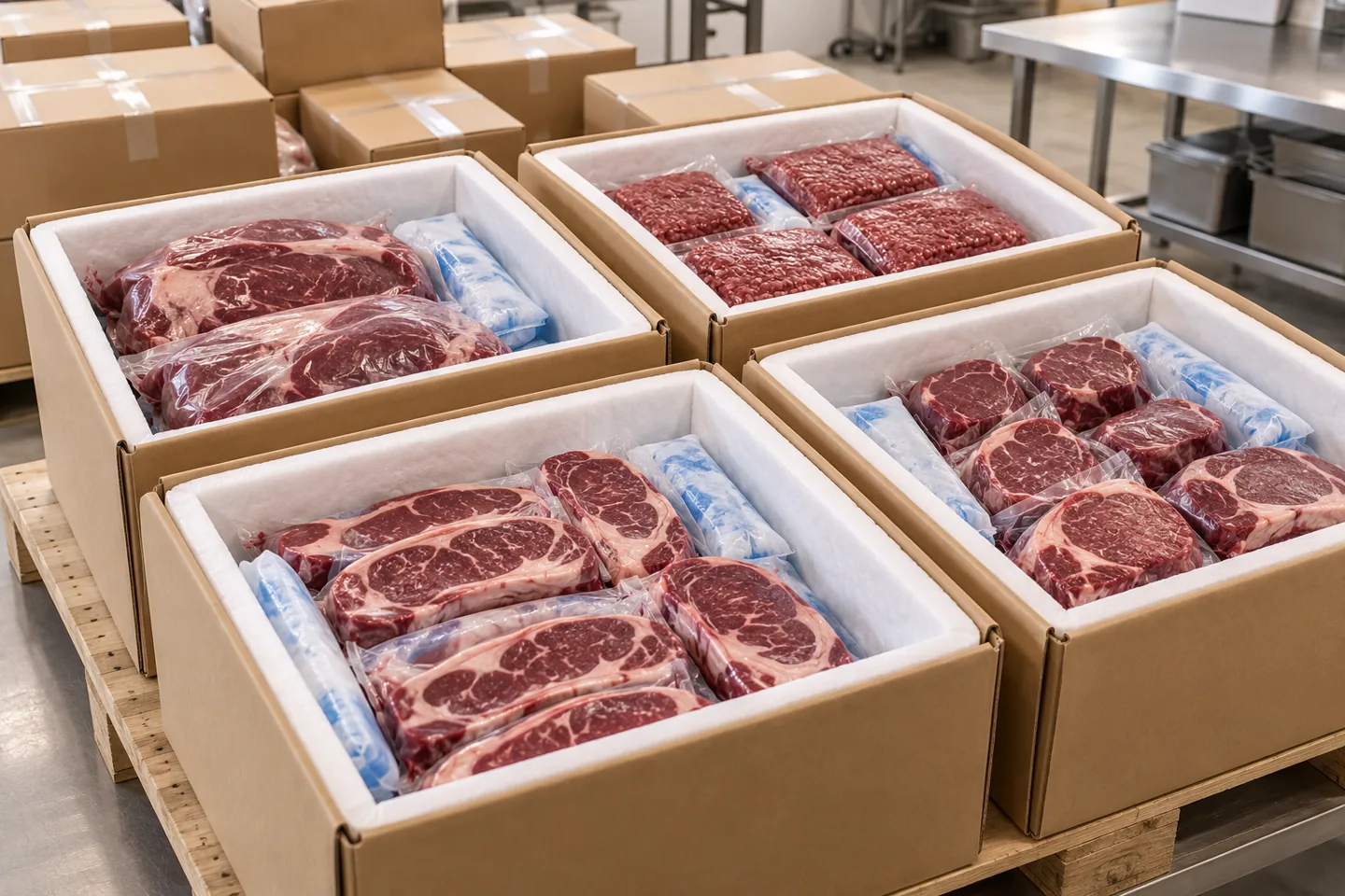 Insulated cartons containing sealed frozen beef packages