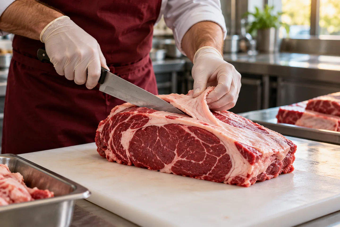 Butcher hands preparing a cut of beef
